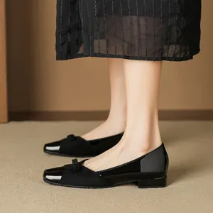 Elegant square toe block heel shoes with black bow and patent leather stitching detail