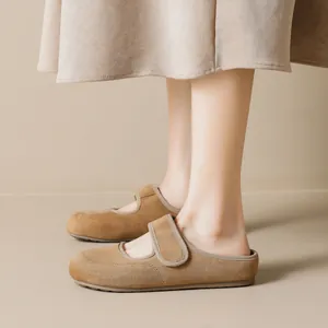 Muli Mary Jane in Camoscio Vintage da Donna Pantofole con Zeppa Punta Arrotondata Scarpe da Passeggio Casual Rialzate Con Velcro