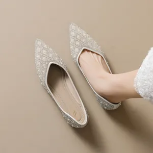 Women Artificial Pearl Rhinestone Flat Shoes Microfiber Non Slip Ballet Flats Wedding Party Casual Pointed Square Toe Shoes