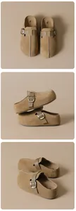 Detailed views of khaki suede birkenstock-style mules with adjustable metal buckles