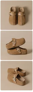 Detailed close-up of brown suede leather clog with adjustable metal buckle and thick sole
