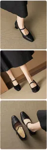 Detail view of black square-toe Mary Jane heels with textured leather and adjustable strap