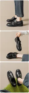 Detail of Brogue carvings and double metal buckles on black glossy leather loafers