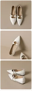 Drei Ansichten weißer Satin Mary Jane Ballerinas mit goldener Rosenschnalle und Spitze