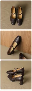 Detailed views of dark brown Mary Jane shoes with retro square toe and chunky heels