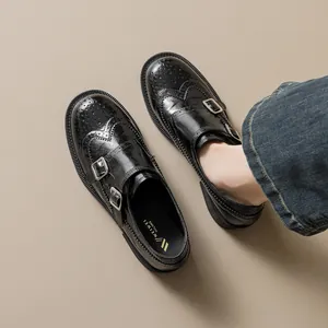 Women's British Style Monk Strap Loafers Microfiber Leather Brogue Carved Round Toe Double Buckle Low Thick Heel Slip On Casual Shoes