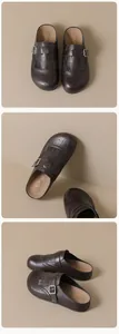 Detailed views of dark brown leather mule with kiltie tassels and brogue punch details