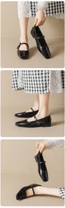 Close-up of black patent leather Mary Jane flats with adjustable buckled strap and square toe