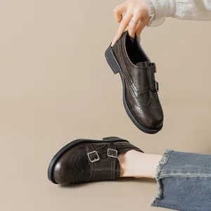 Retro dark brown leather monk strap loafers with brogue carving and chunky sole