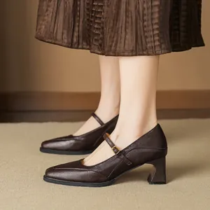 Retro dark brown leather Mary Jane pumps with square toe and chunky heels for women