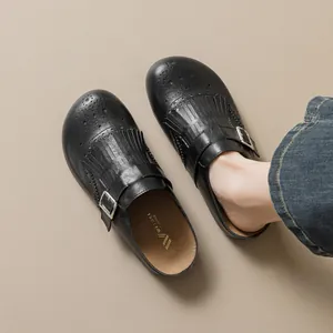 Women's Retro Microfiber Leather Mules With Tassels Metal Buckle Brogue Perforated Design Casual Round Toe Flat Slides Outdoor Slipper