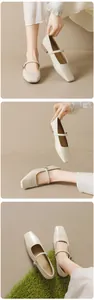 Detailed views of off-white square-toe Mary Jane flats with adjustable straps
