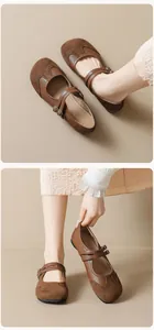 Detail of brown Mary Jane flat with brogue carving and elegant double straps