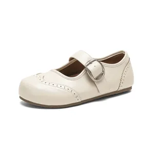 Off-white French Brogue Mary Jane shoes with hollow carved details and buckle strap