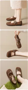 Detail of dark brown Mary Jane flats featuring brogue perforations and double straps