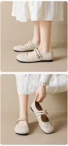 Detail of beige Mary Jane ballet flats with Brogue perforations and double strap design