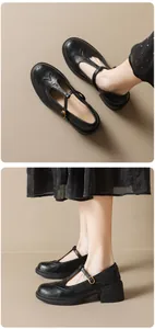 Detailed close-up of Brogue floral patterns and T-strap buckle on black Mary Jane shoes