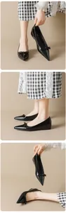 Detailed views of black pointed-toe flat shoes with glossy finish and delicate bow decoration