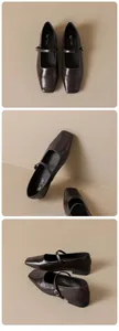 Detailed views of dark brown glossy leather Mary Jane shoes with square toe and strap