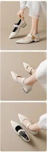 Detailed view of cream pointed Mary Jane pumps with gold metal buckle and retro block heel