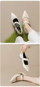 Detail of cream pointed-toe Mary Jane shoe with gold buckle and block heel