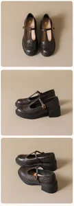 Macro detail of brown Mary Jane shoes with Brogue carving and T-strap on platform heels