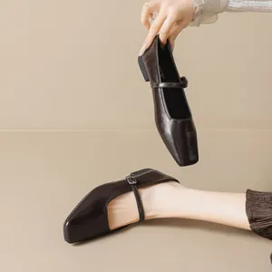 Classic dark brown square toe Mary Jane flat shoes with adjustable buckled strap for women