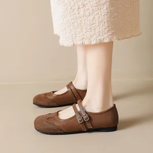 French vintage dark brown Mary Jane ballet flats with leather suede brogue toe details