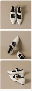 Detailed views of creamy white pointed-toe Mary Janes with a golden heart buckle and block heel