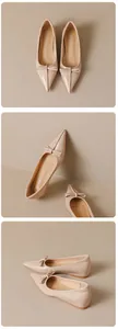 Detailed views of nude pointed-toe flat shoes with a delicate bow and glossy finish