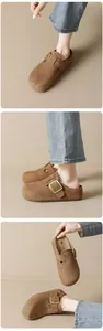 Détail d'une mule en cuir mat marron foncé avec boucle en métal et perforations de style