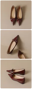 Macro detail of wine red patent leather pointy flats with elegant bow and gloss texture