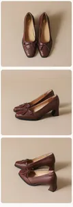 Dettaglio di décolleté retrò a punta quadrata con ricami brogue e fiocco decorativo