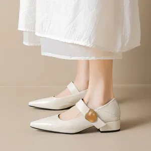 Chic beige pointed toe Mary Jane pumps with heart buckle and low block heels