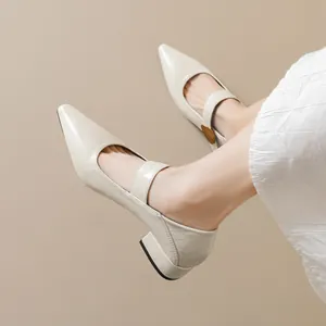French pointed-toe cream Mary Jane shoes with retro block heel and gold buckle