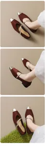 Detail view of burgundy Mary Jane flats featuring a metallic cap toe and fine ankle strap