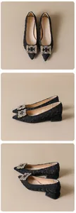 Detailed views of black pointed-toe low heels with crystal buckle and textured jacquard