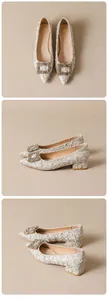 Three-angle detail of beige pointed-toe heels with sparkling rhinestone square buckle