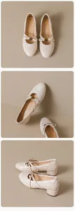 Detalle de zapatos Mary Jane crema con diseño acolchado y adorno de lazo