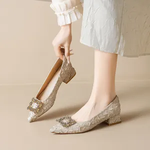 Women Elegant Pointed Toe Chunky Heel Pumps Rhinestone Square Buckle Textured Microfiber Fabric Wedding Banquet Fashion Shoes