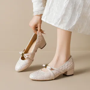 Zapatos Mary Jane Estilo Francés Para Mujer Diseño Acolchado De Diamantes Lazo Flor Camelia Tacón De Bloque Bajo