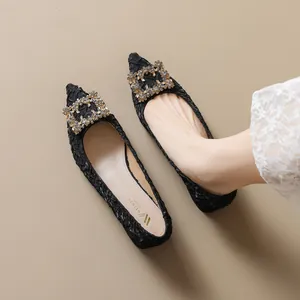 Elegant black pointed-toe block heel shoes with pleated texture and square rhinestone buckle
