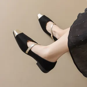 Classic French Mary Jane flats with black matte body and metallic gold square toe cap