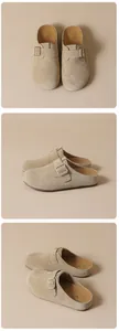 Primer plano de zuecos de ante beige con hebillas ajustables y plantillas de látex suave