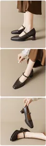 Vue détaillée des chaussures Mary Jane marron vintage avec bout carré et talon bloc
