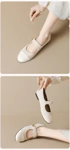 Détails de ballerines Mary Jane en tweed avec coutures crème et boucle à perles dorées