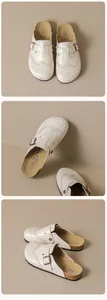 Detailed views of off-white leather brogue mules with cork sole and buckle strap