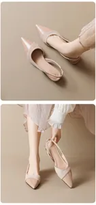 Detail of nude pointed-toe slingback shoes with mixed patent and matte leather finish