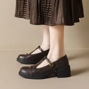Franse vintage donkerbruine Mary Jane schoenen met blokhak en metalen camelia decoratie