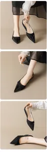 Detail of black pointed toe slingback flats with glossy patent leather and matte finish
